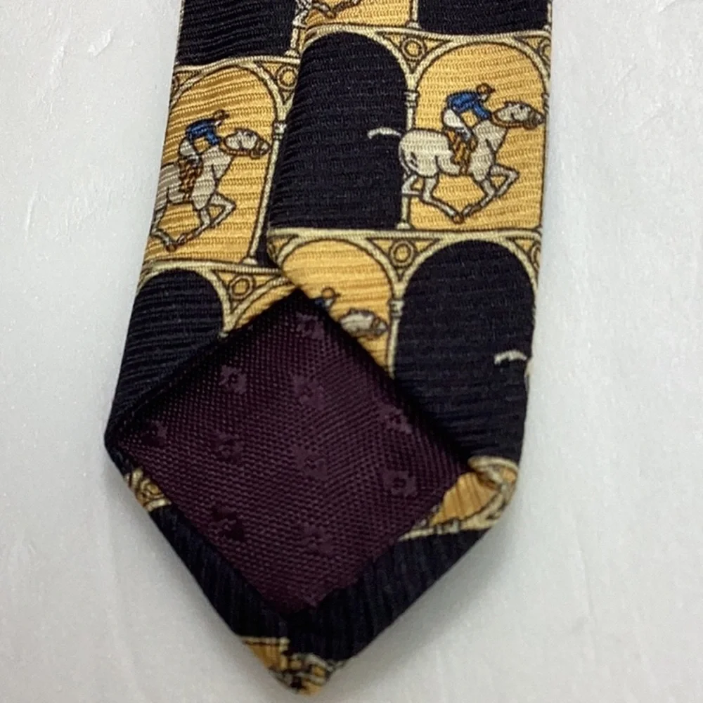 Henri Christian 100% Silk Gold Black Horse Racing Jockey Neck Tie‎